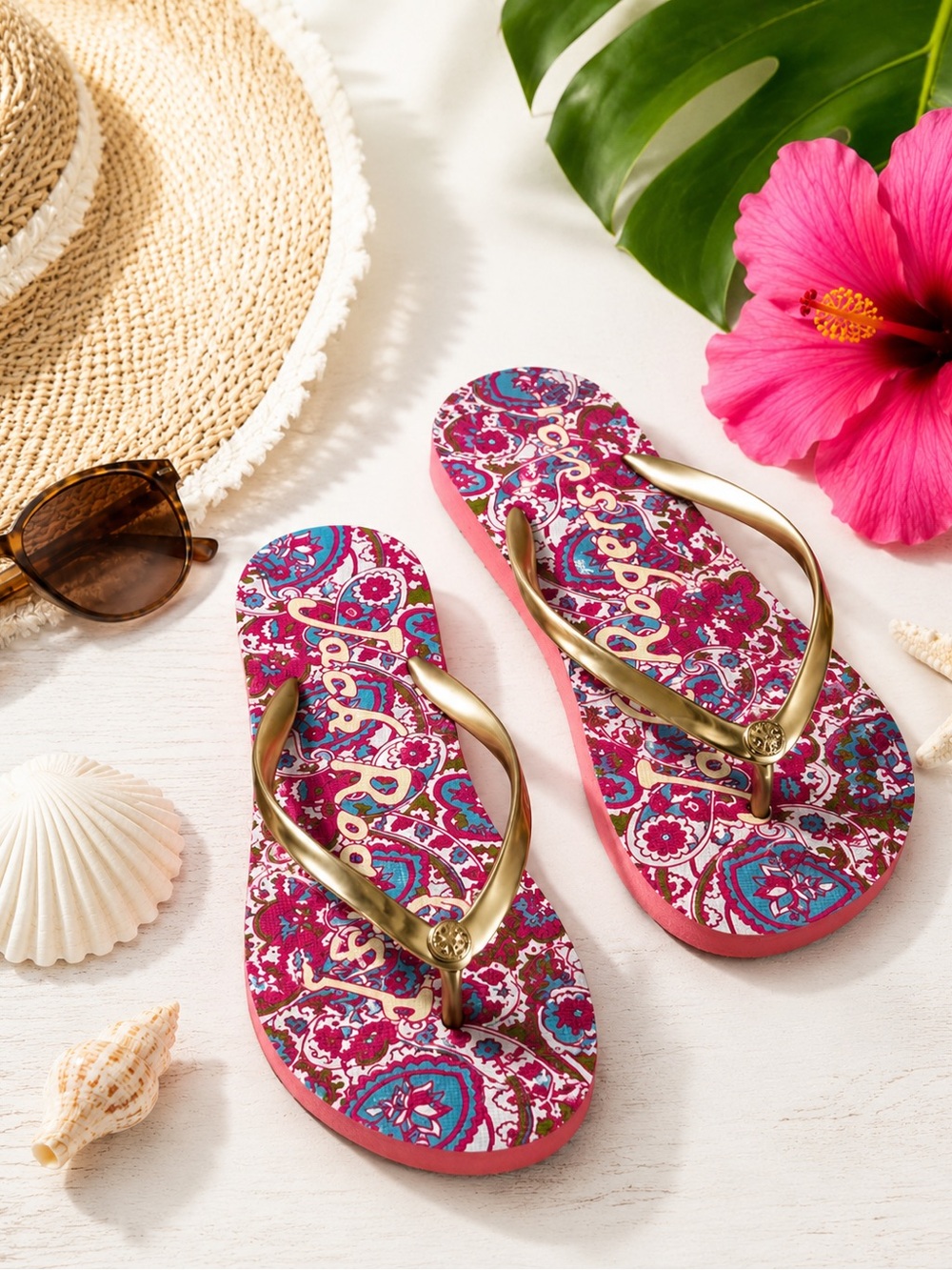 Jack Rogers Pink Paisley Flip Flops Gold Strap Sandals Size 8
